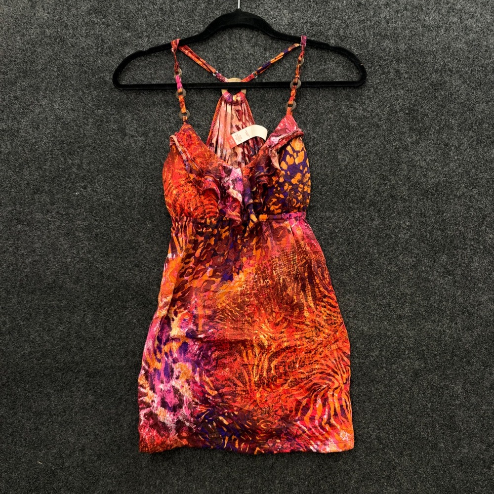 Vintage No Boundaries Orange Purple Animal Print Ruffle Racerback Mini Dress S